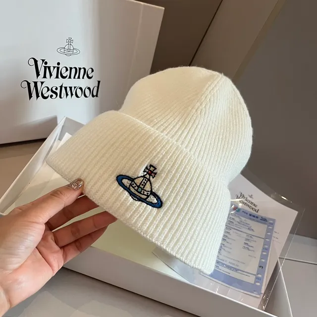 Vivienne Westwood Orb Beige Azul Gorro de tricot acanalado con puño plegado 8