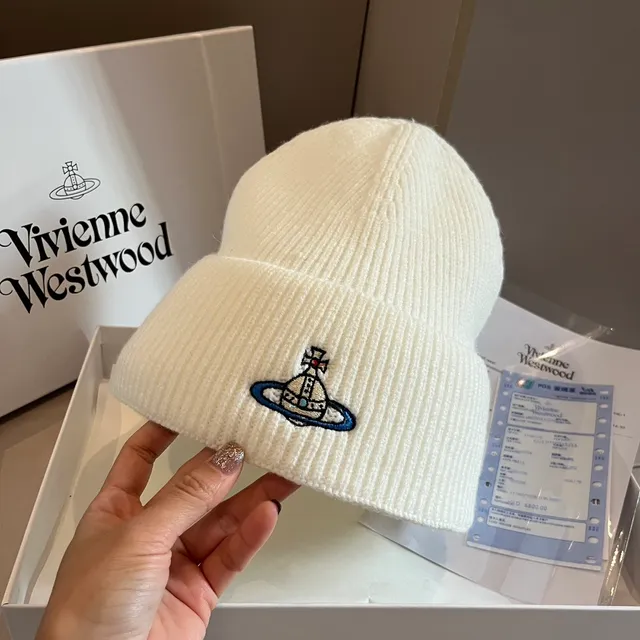 Vivienne Westwood Orb Beige Azul Gorro de tricot acanalado con puño plegado 9