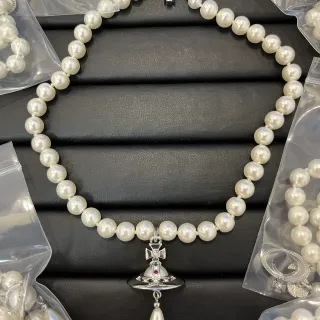 Vivienne Westwood Orb Necklace White Pearl Silver Enamel Gemstone Drop Necklace