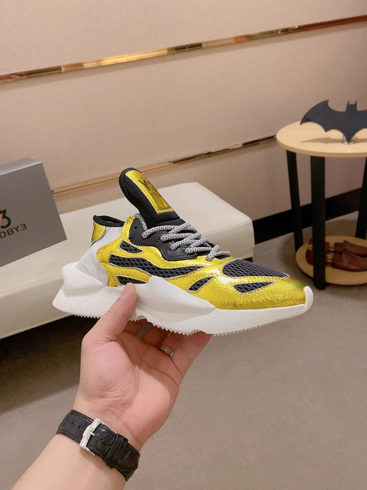 Y-3 Or Noir Métallique Cuir Maille Superposition Style de Vie Sneakers 7