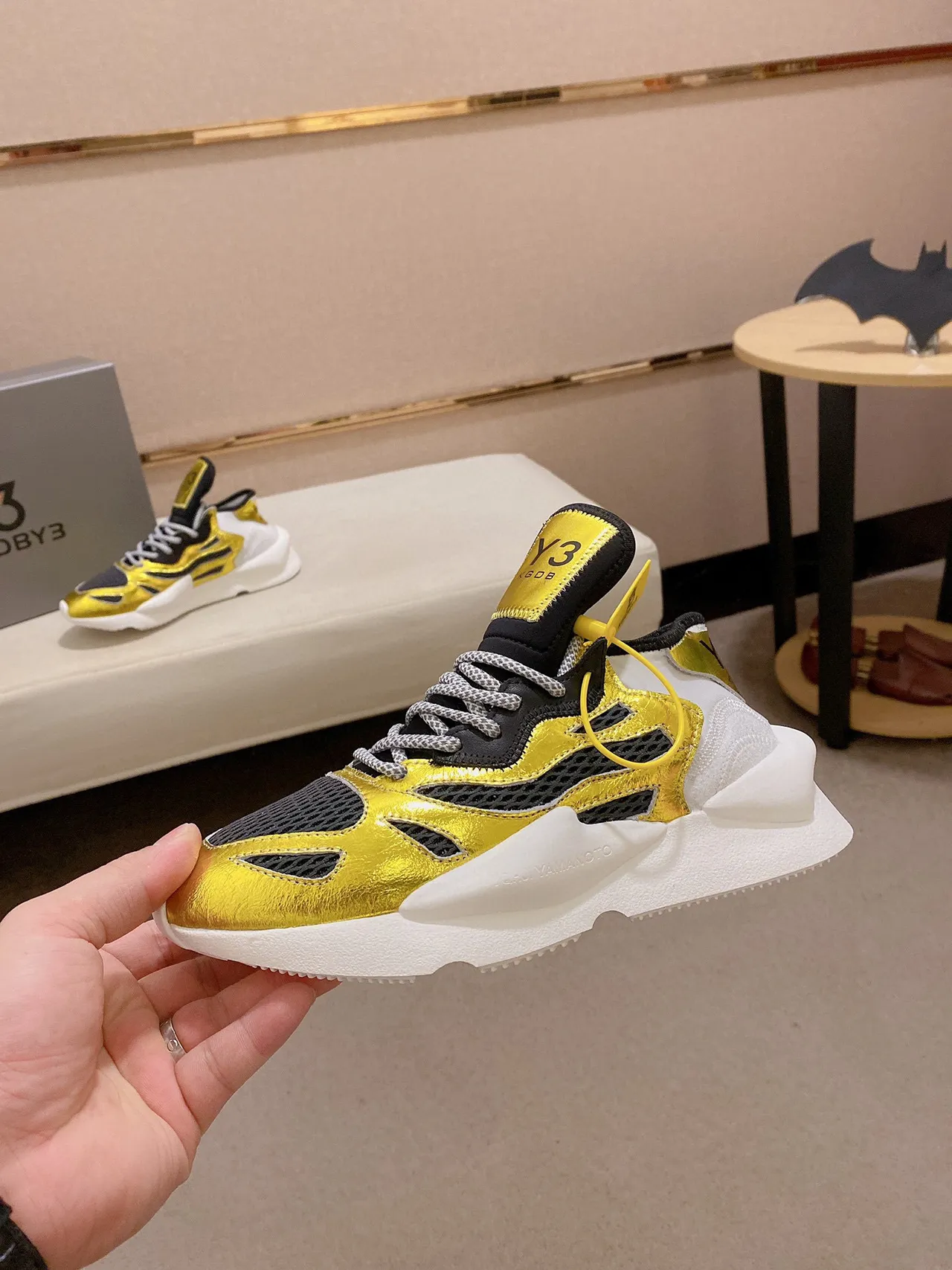 Y-3 Or Noir Métallique Cuir Maille Superposition Style de Vie Sneakers 8