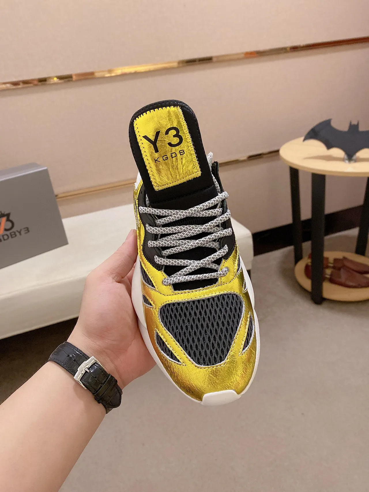 Y-3 Or Noir Métallique Cuir Maille Superposition Style de Vie Sneakers 9