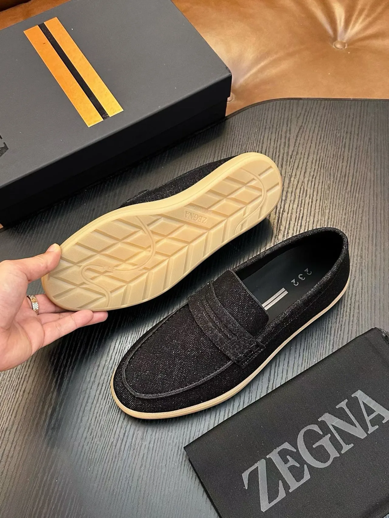 Zegna Black Beige Textured Fabric Penny Strap Loafer 2
