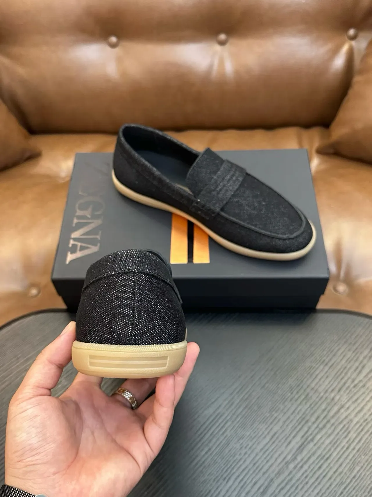 Zegna Black Beige Textured Fabric Penny Strap Loafer 3