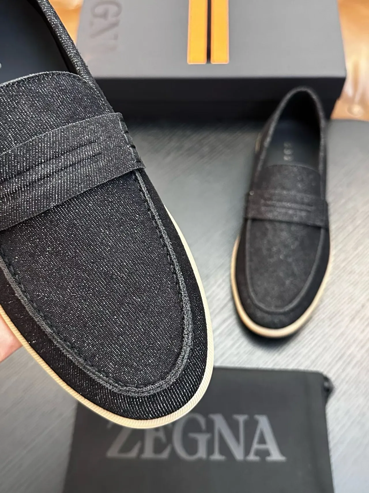 Zegna Black Beige Textured Fabric Penny Strap Loafer 4