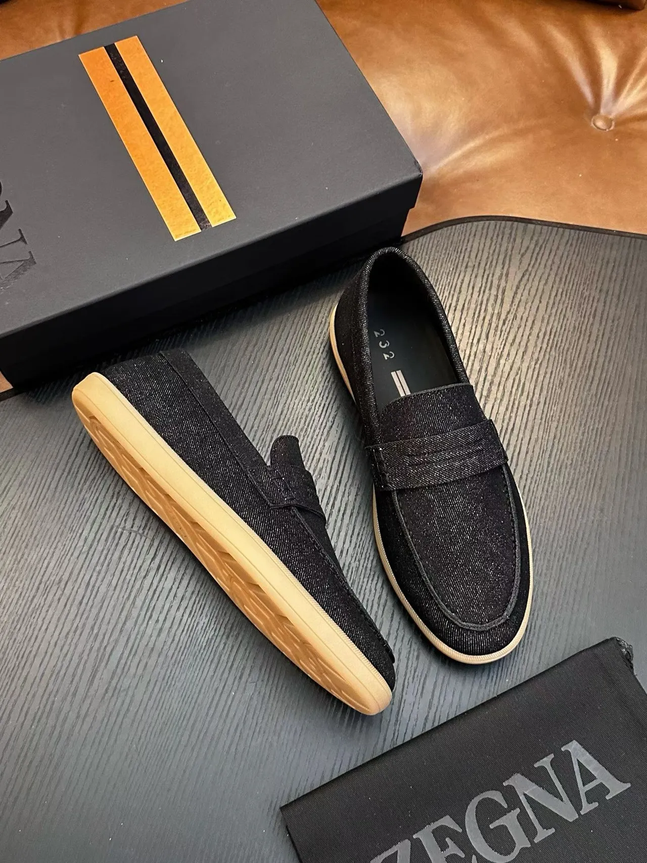 Zegna Black Beige Textured Fabric Penny Strap Loafer 5
