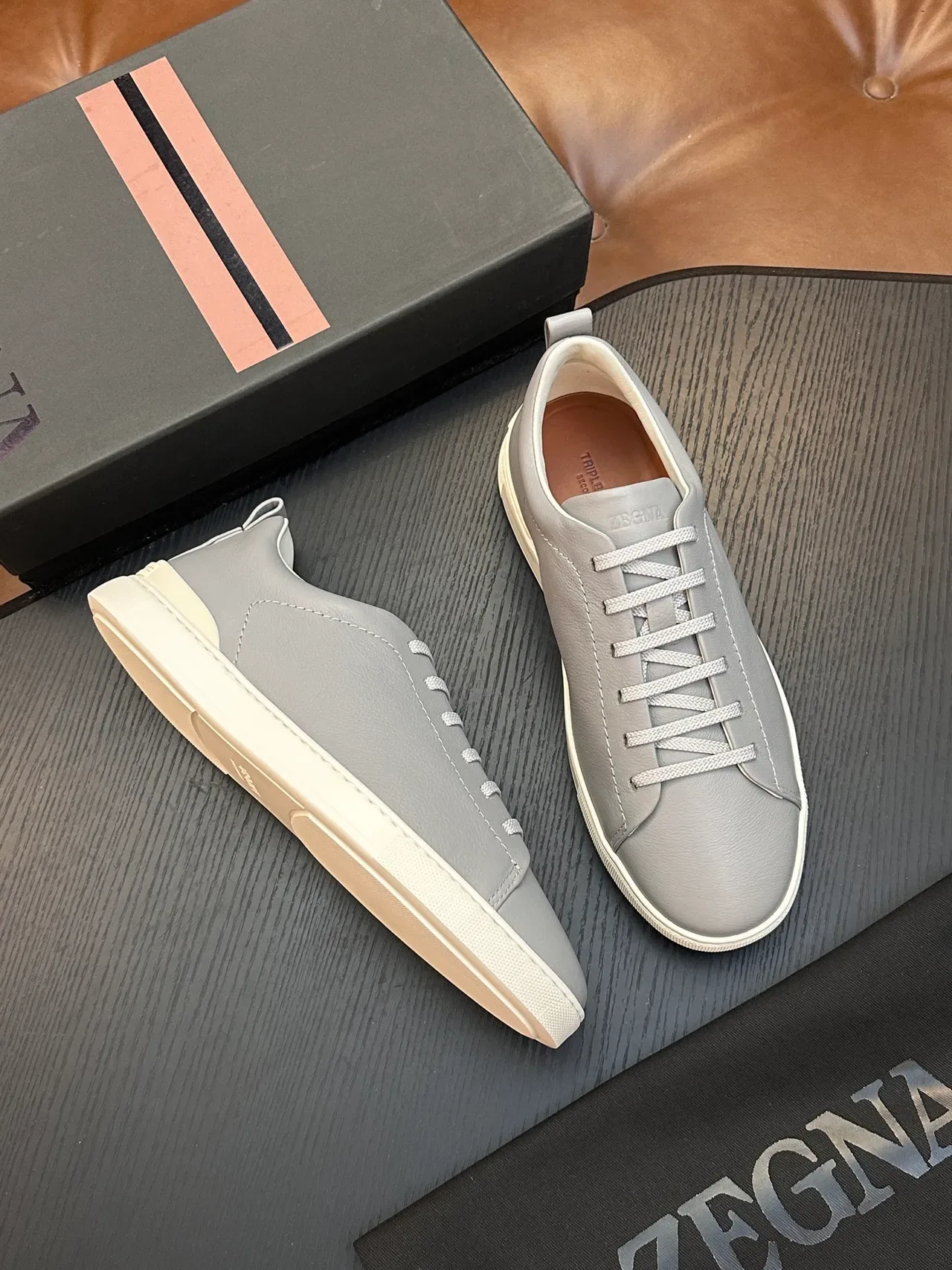 Zegna ग्रे चमड़े का लाइफस्टाइल स्नीकर्स 5
