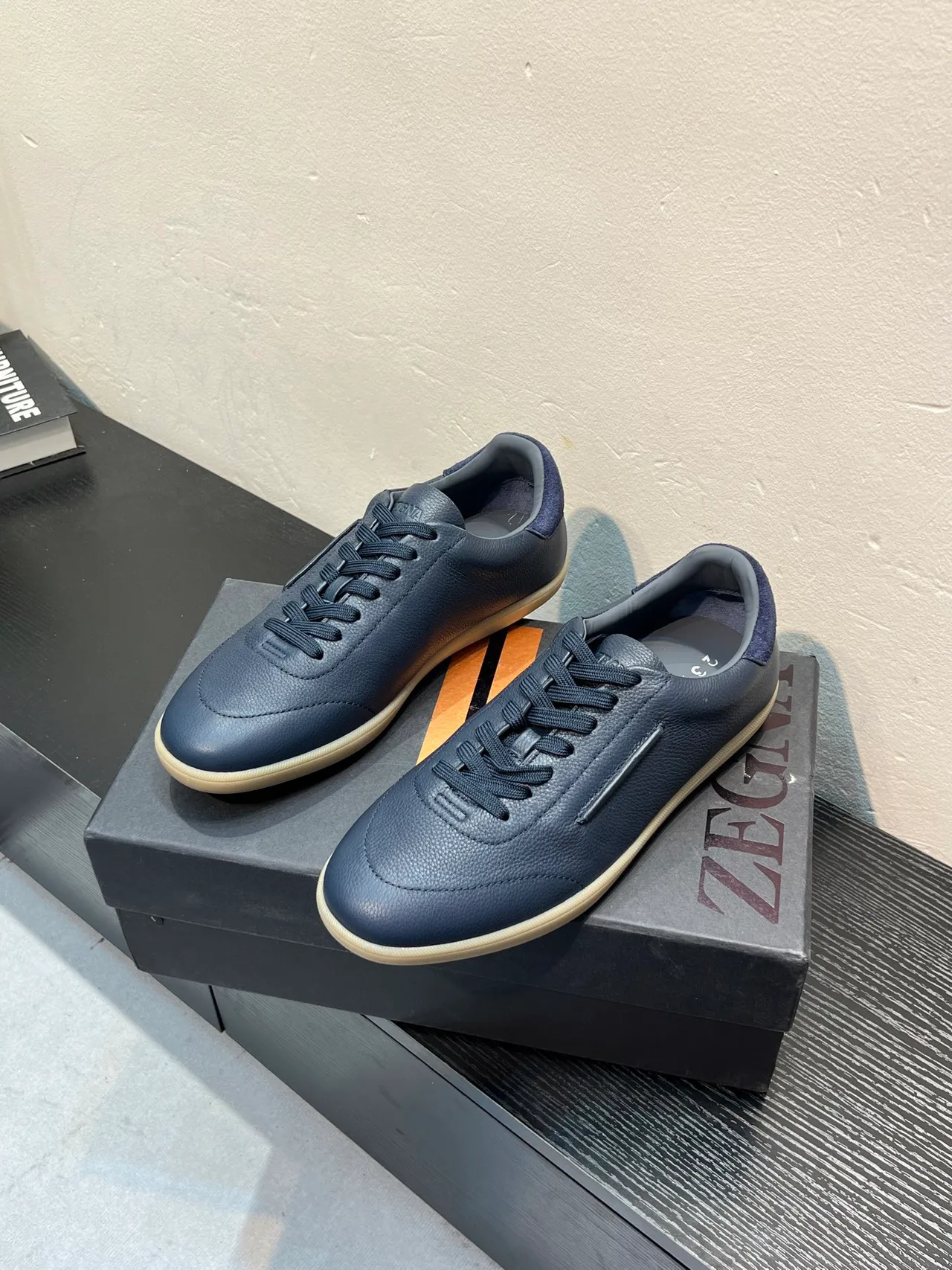 Zegna 海军皮革休闲鞋 3