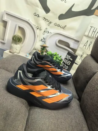 Adidas Black Orange Sculpted Midsole Perforated Engineered Mesh Upper Running Shoes 9