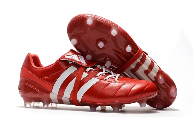 Adidas Preto Vermelho Baixo Corte Couro Superior Três Listras Brancas Campo Firme Sapatos de Futebol 3