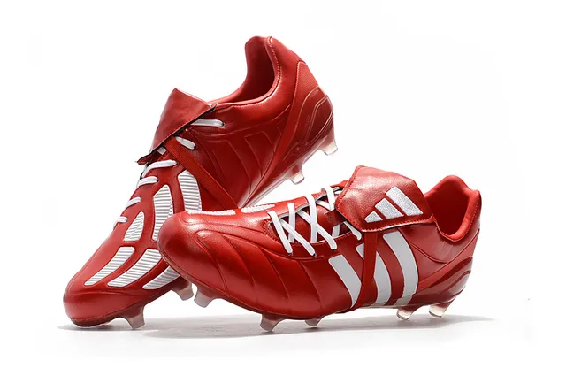 Adidas Preto Vermelho Baixo Corte Couro Superior Três Listras Brancas Campo Firme Sapatos de Futebol 14