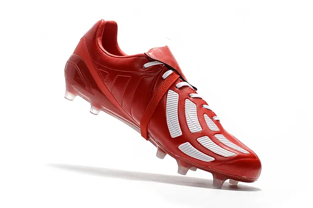 Adidas Preto Vermelho Baixo Corte Couro Superior Três Listras Brancas Campo Firme Sapatos de Futebol 15