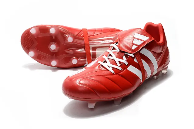 Adidas Preto Vermelho Baixo Corte Couro Superior Três Listras Brancas Campo Firme Sapatos de Futebol 18