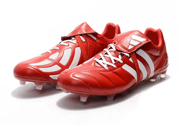 Adidas Preto Vermelho Baixo Corte Couro Superior Três Listras Brancas Campo Firme Sapatos de Futebol 20