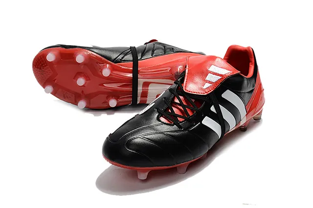 Adidas Preto Vermelho Baixo Corte Couro Superior Três Listras Brancas Campo Firme Sapatos de Futebol 23