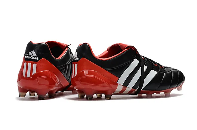 Adidas Preto Vermelho Baixo Corte Couro Superior Três Listras Brancas Campo Firme Sapatos de Futebol 24