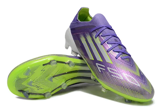 Adidas F50 Purple Green Coupe Basse Tricot Supérieur Rayure Dégradée Superposition Sol Ferme Chaussures de Football 4