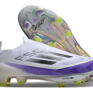 Adidas F50 Blanco Púrpura Ajuste de calcetín Upper de tejido Gradiente Forefoot Overlay Superficie firme Zapatos de fútbol