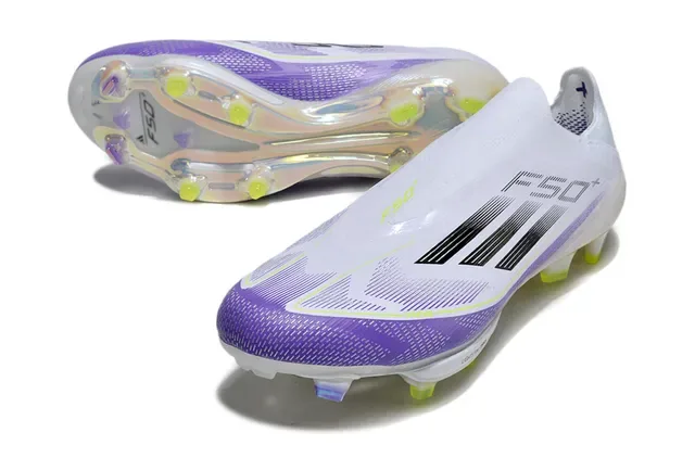 Adidas F50 Blanco Púrpura Ajuste de calcetín Upper de tejido Gradiente Forefoot Overlay Superficie firme Zapatos de fútbol 4