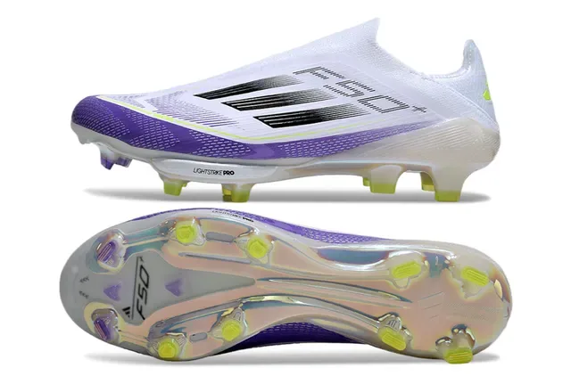 Adidas F50 Blanco Púrpura Ajuste de calcetín Upper de tejido Gradiente Forefoot Overlay Superficie firme Zapatos de fútbol 6