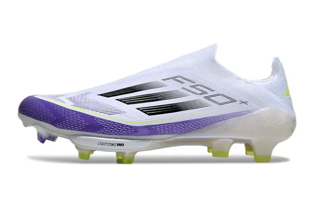 Adidas F50 Blanco Púrpura Ajuste de calcetín Upper de tejido Gradiente Forefoot Overlay Superficie firme Zapatos de fútbol 7