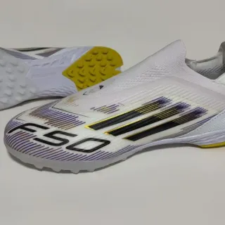 Adidas F50 White Yellow Sock-Fit Collar Printed Iridescent Stripes Turf Soccer Shoes
