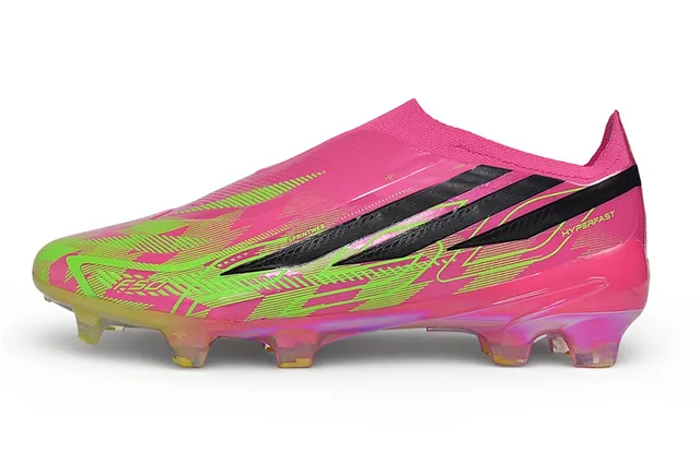 Adidas Chaussures de football rose et vert, basse, upper chaussette, overlay holographique iridescent, semelle pour terrain ferme 17