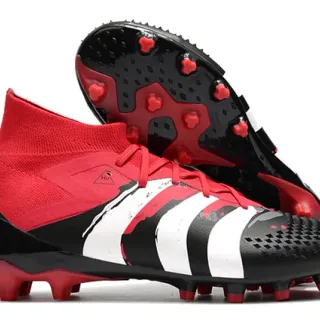Adidas Predator 黑红高切袜领不对称系带覆盖硬地足球鞋