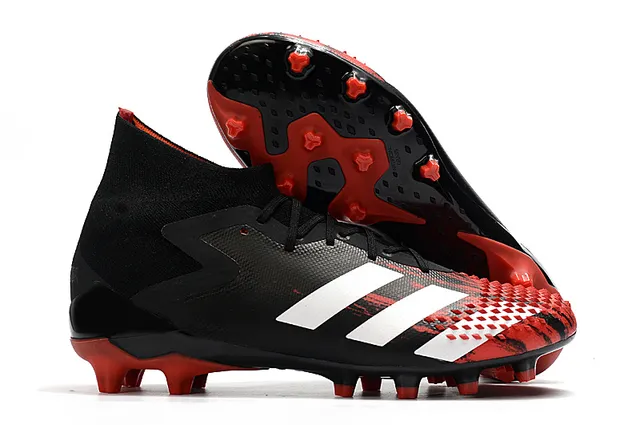 Adidas Predator Sapatos de Futebol Preto e Vermelho Alto Corte Colar Ajuste de Meia Laço Assimétrico Cobertura Solo Firme 2