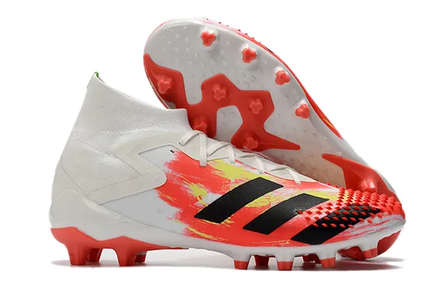 Adidas Predator Sapatos de Futebol Preto e Vermelho Alto Corte Colar Ajuste de Meia Laço Assimétrico Cobertura Solo Firme 4