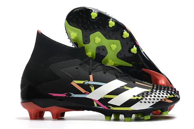 Adidas Predator Sapatos de Futebol Preto e Vermelho Alto Corte Colar Ajuste de Meia Laço Assimétrico Cobertura Solo Firme 5