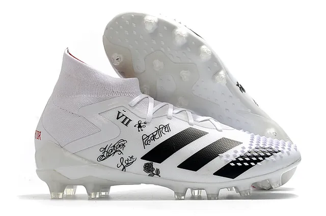 Adidas Predator Sapatos de Futebol Preto e Vermelho Alto Corte Colar Ajuste de Meia Laço Assimétrico Cobertura Solo Firme 6
