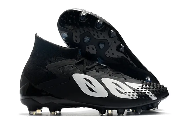 Adidas Predator Sapatos de Futebol Preto e Vermelho Alto Corte Colar Ajuste de Meia Laço Assimétrico Cobertura Solo Firme 10