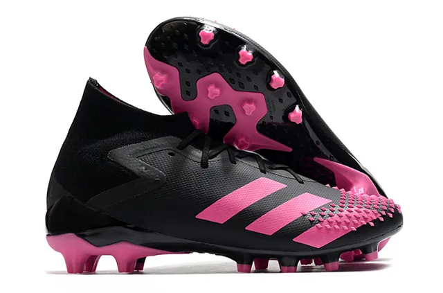 Adidas Predator Sapatos de Futebol Preto e Vermelho Alto Corte Colar Ajuste de Meia Laço Assimétrico Cobertura Solo Firme 11