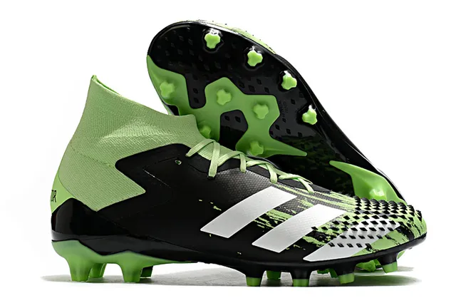 Adidas Predator Sapatos de Futebol Preto e Vermelho Alto Corte Colar Ajuste de Meia Laço Assimétrico Cobertura Solo Firme 12