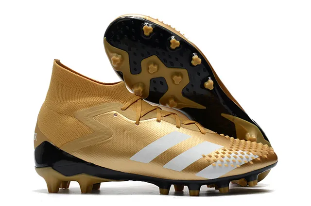 Adidas Predator Sapatos de Futebol Preto e Vermelho Alto Corte Colar Ajuste de Meia Laço Assimétrico Cobertura Solo Firme 13