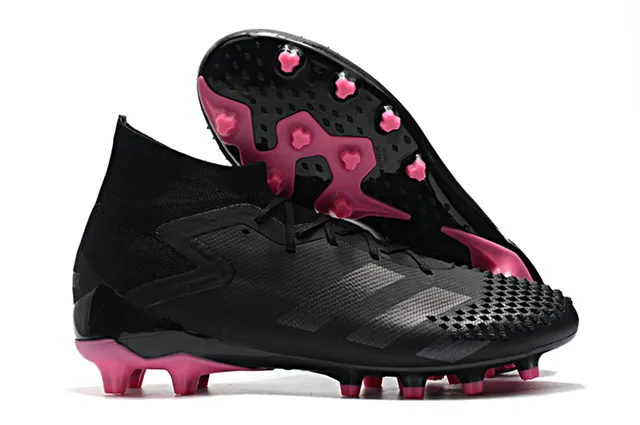 Adidas Predator Sapatos de Futebol Preto e Vermelho Alto Corte Colar Ajuste de Meia Laço Assimétrico Cobertura Solo Firme 14