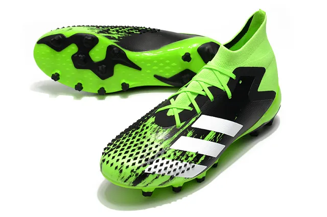 Adidas Predator Sapatos de Futebol Preto e Vermelho Alto Corte Colar Ajuste de Meia Laço Assimétrico Cobertura Solo Firme 21