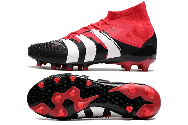 Adidas Predator Sapatos de Futebol Preto e Vermelho Alto Corte Colar Ajuste de Meia Laço Assimétrico Cobertura Solo Firme 23