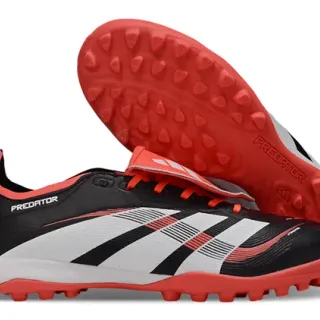 Adidas Predator Black Red Laceless Strap Closure Three-Stripe Side Panel Turf Soccer Shoes