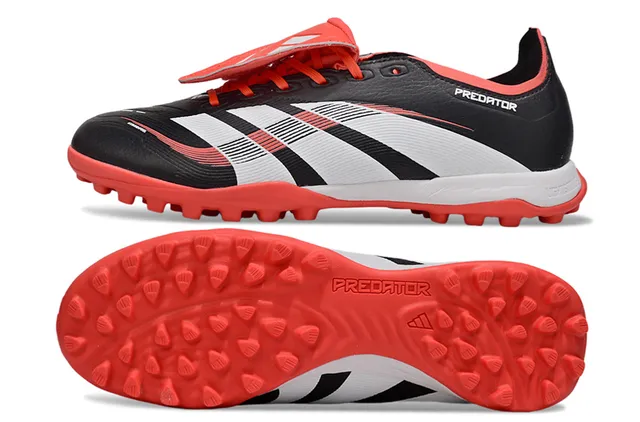 Adidas Predator Black Red Laceless Strap Closure Three-Stripe Side Panel Turf Soccer Shoes 3