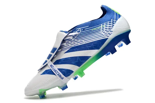 Adidas Predator Azul Verde Fechamento Assimétrico de Cinta Acentuação Neón Em Destaque Sapatos de Futebol para Solo Firme 3