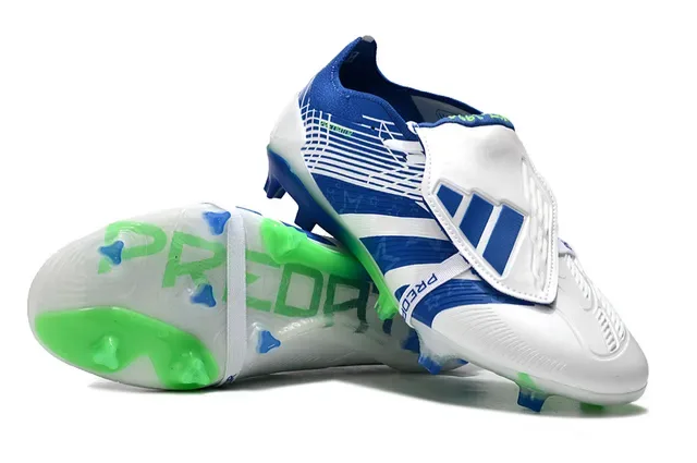 Adidas Predator Azul Verde Fechamento Assimétrico de Cinta Acentuação Neón Em Destaque Sapatos de Futebol para Solo Firme 4