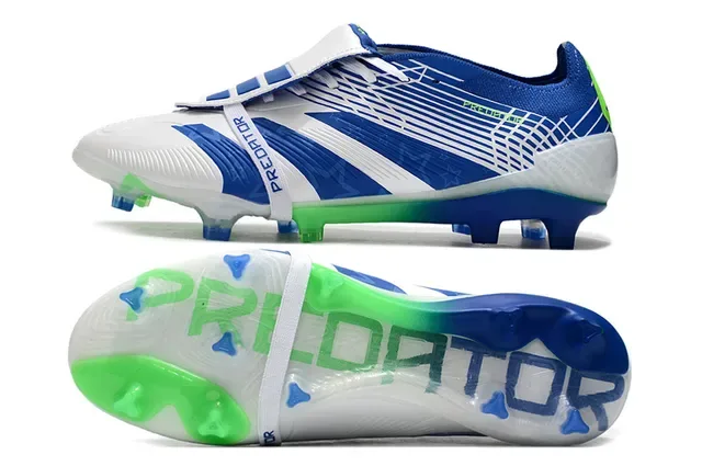 Adidas Predator Azul Verde Fechamento Assimétrico de Cinta Acentuação Neón Em Destaque Sapatos de Futebol para Solo Firme 6