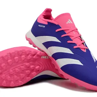Adidas Predator وردي بنفسجي منخفض القطع علوية اصطناعية ثلاث خطوط بيضاء عشب اصطناعي أحذية كرة قدم