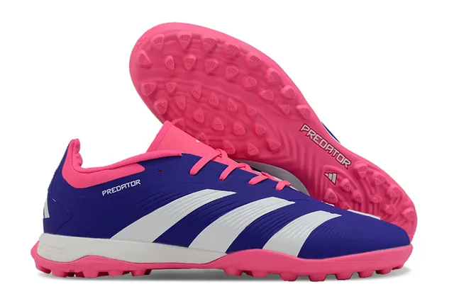 Adidas Predator وردي بنفسجي منخفض القطع علوية اصطناعية ثلاث خطوط بيضاء عشب اصطناعي أحذية كرة قدم 5