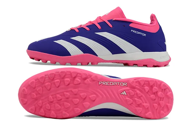 Adidas Predator وردي بنفسجي منخفض القطع علوية اصطناعية ثلاث خطوط بيضاء عشب اصطناعي أحذية كرة قدم 6