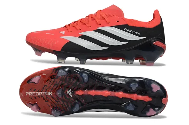 أحذية كرة القدم Adidas Predator أحمر أسود غير متماثلة الرباطات أعلى مصنوع من البلاستيك الملمس للأرضية الصلبة 6