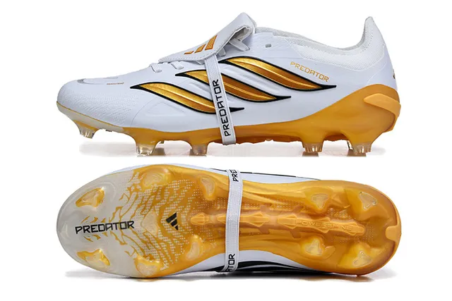 Adidas Predator Zapatos de fútbol blanco y oro para terreno firme 9