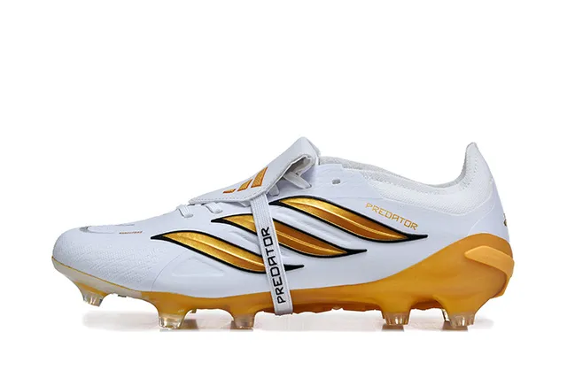 Adidas Predator Zapatos de fútbol blanco y oro para terreno firme 10
